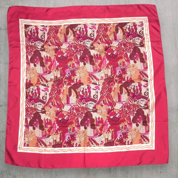 Brochier Soieries Silk Scarf made in France Dufy Deauville Red Brown Magenta - Picture 1 of 7